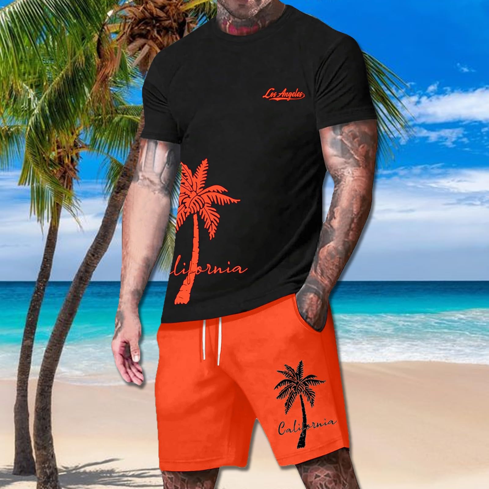 Generisch Ensemble 2 pièces T-shirt à manches courtes et short pour homme avec imprimé sexy boutonné et pantalon quart