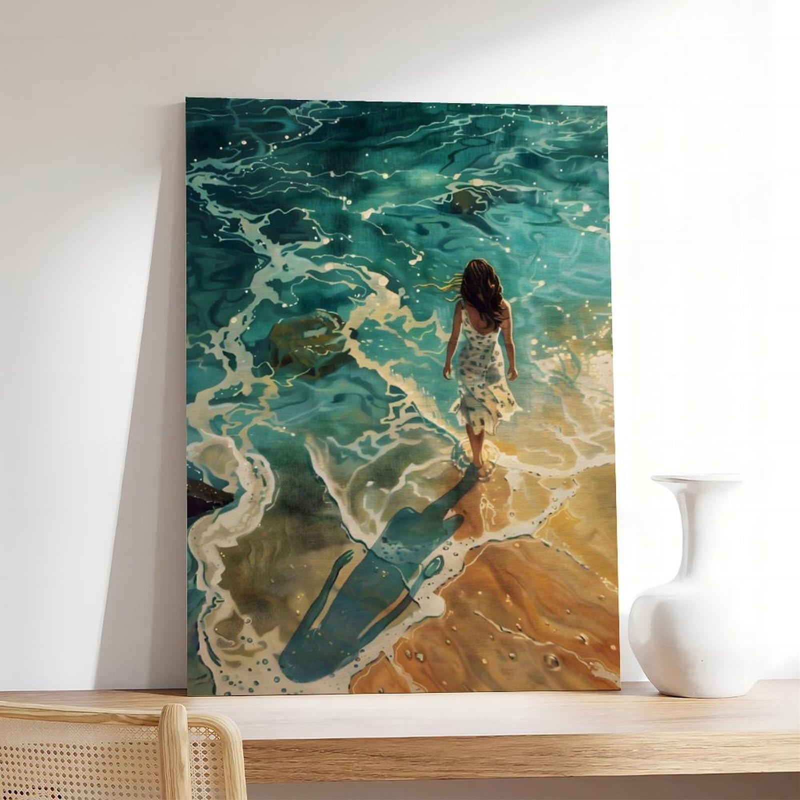 Poster su tela a tema Camminando sulla spiaggia, decorazione per camera da letto, ufficio, stanza, regalo, 40,6 cm di lunghezza x 61 cm di larghezza