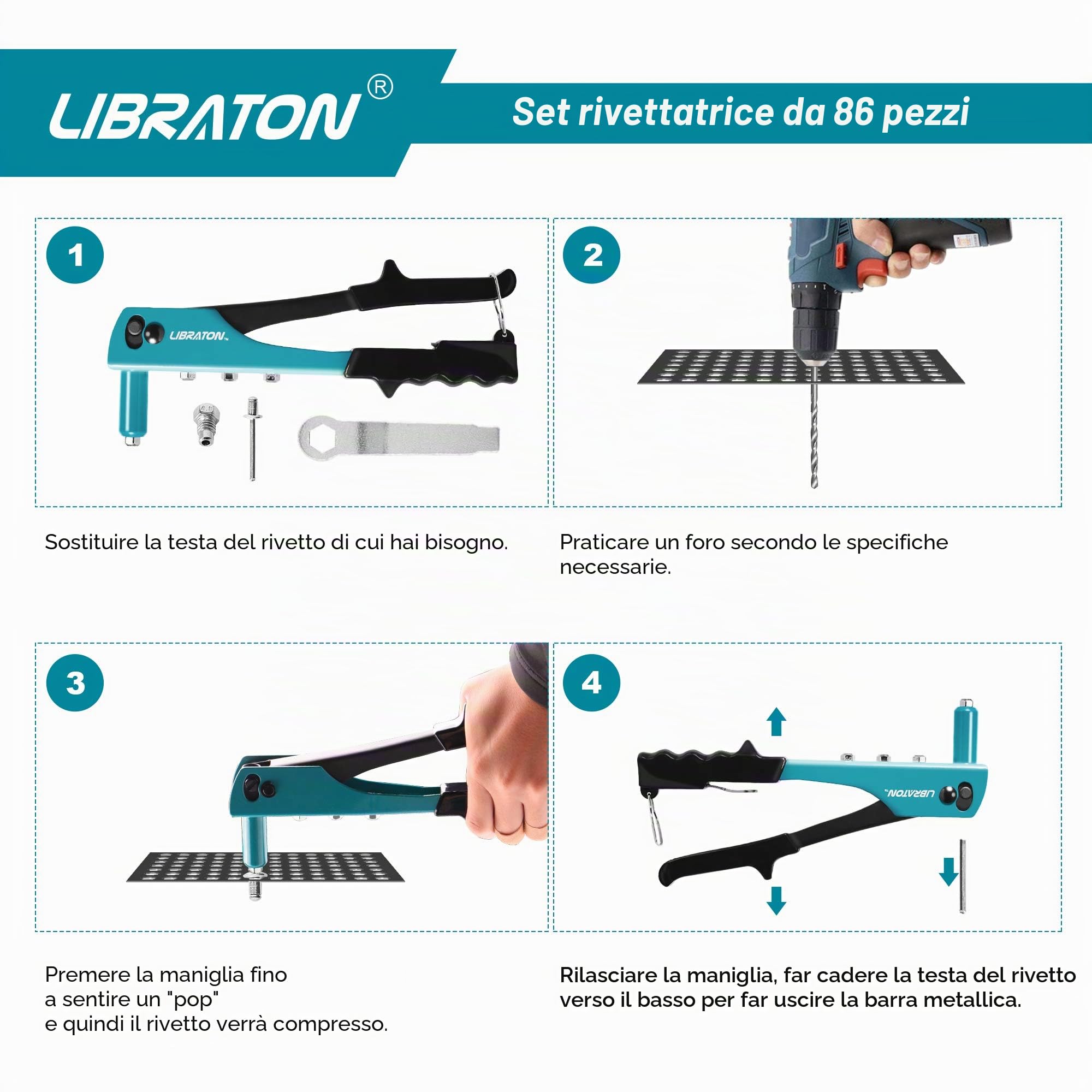 Libraton Rivettatrice Manuale 80 Pezzi Rivetti con 4 HSS Teste Intercambiabili, Rivettatrice Professionale per Automobili, Ferrovie, Mobili, Strumenti