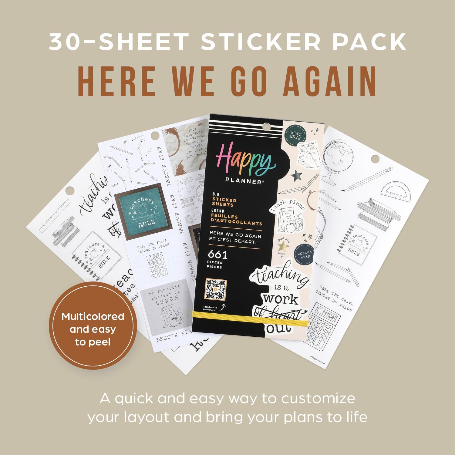 Happy Planner Sticker Pack, Multicolored Planner Stickers for Teachers, Back-to-School Accessories, Big Size, Here We Go Again Theme, 30 Sheets, 661 Stickers Total