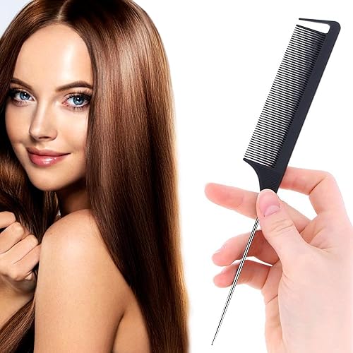 Miniatura 4 de Juego de 6 peines de cola de rata, peine de dientes finos, peine de metal desenredante para mujeres, niñas (negro)
