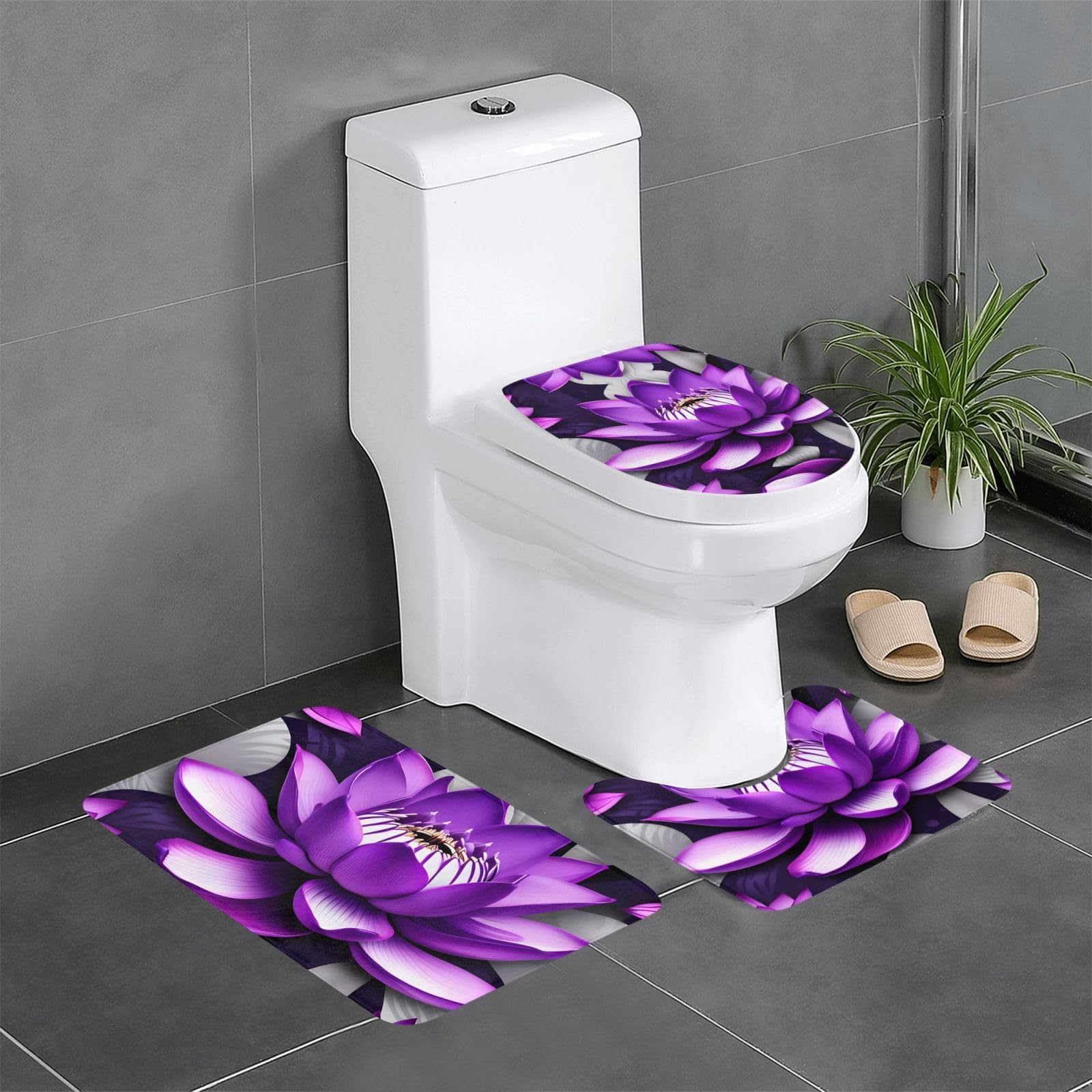 Tapis de salle de bain rectangulaire, U, ovale : lot 3 pièces violet