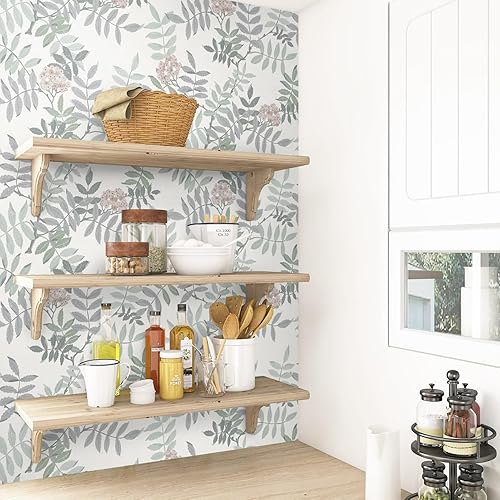 Miniatura 5 de Ismoon Papel tapiz vintage para despegar y pegar, diseño floral, extraíble, bohemio, papel de contacto gris, hoja verde salvia, autoadhesivo, papel