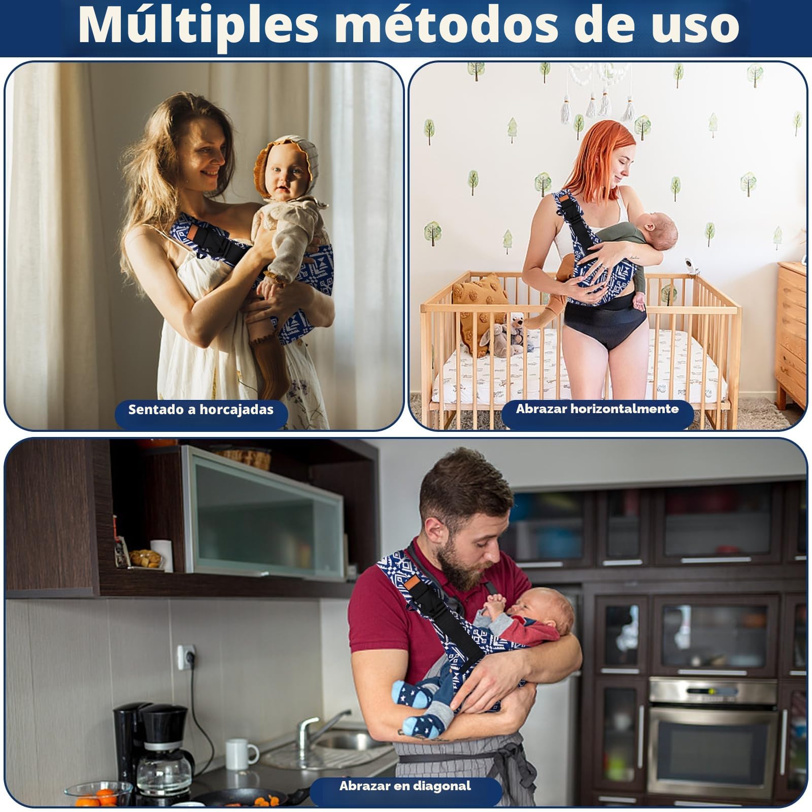 Portabebés Portátil, Portador de Bebé, Ergonómico Portátil, Portabebés Elastico Ajustable para Bebés y Niños Pequeños de 0-36 Meses (azul y blanco)