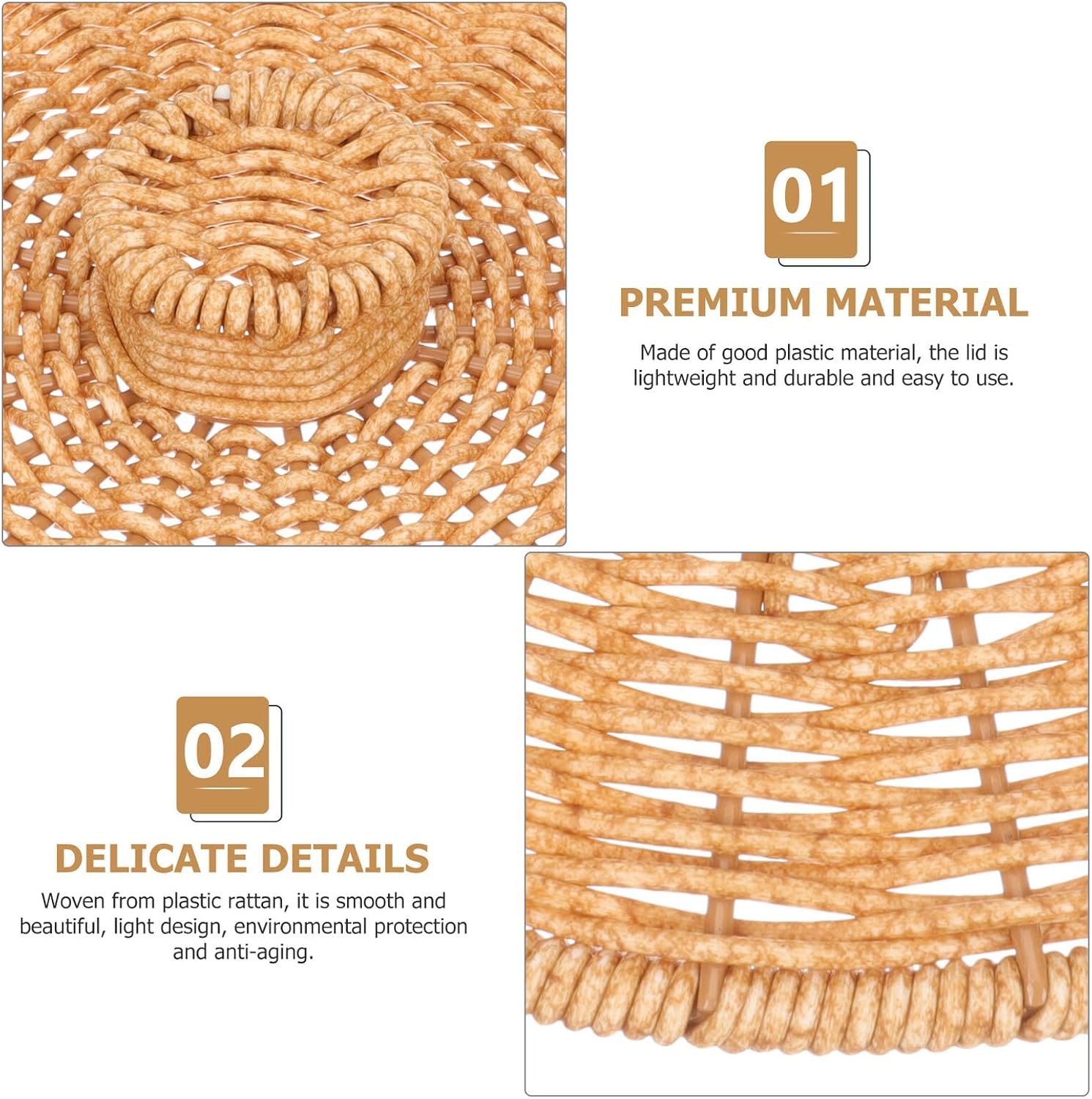 VICASKY Round Waste Bin Lid Replacement Trash Can Cover with Imitation Rattan Weave Smooth Edges Protective Lid for Bathroom Garbage Basket Practical and Decorative Storage Basket