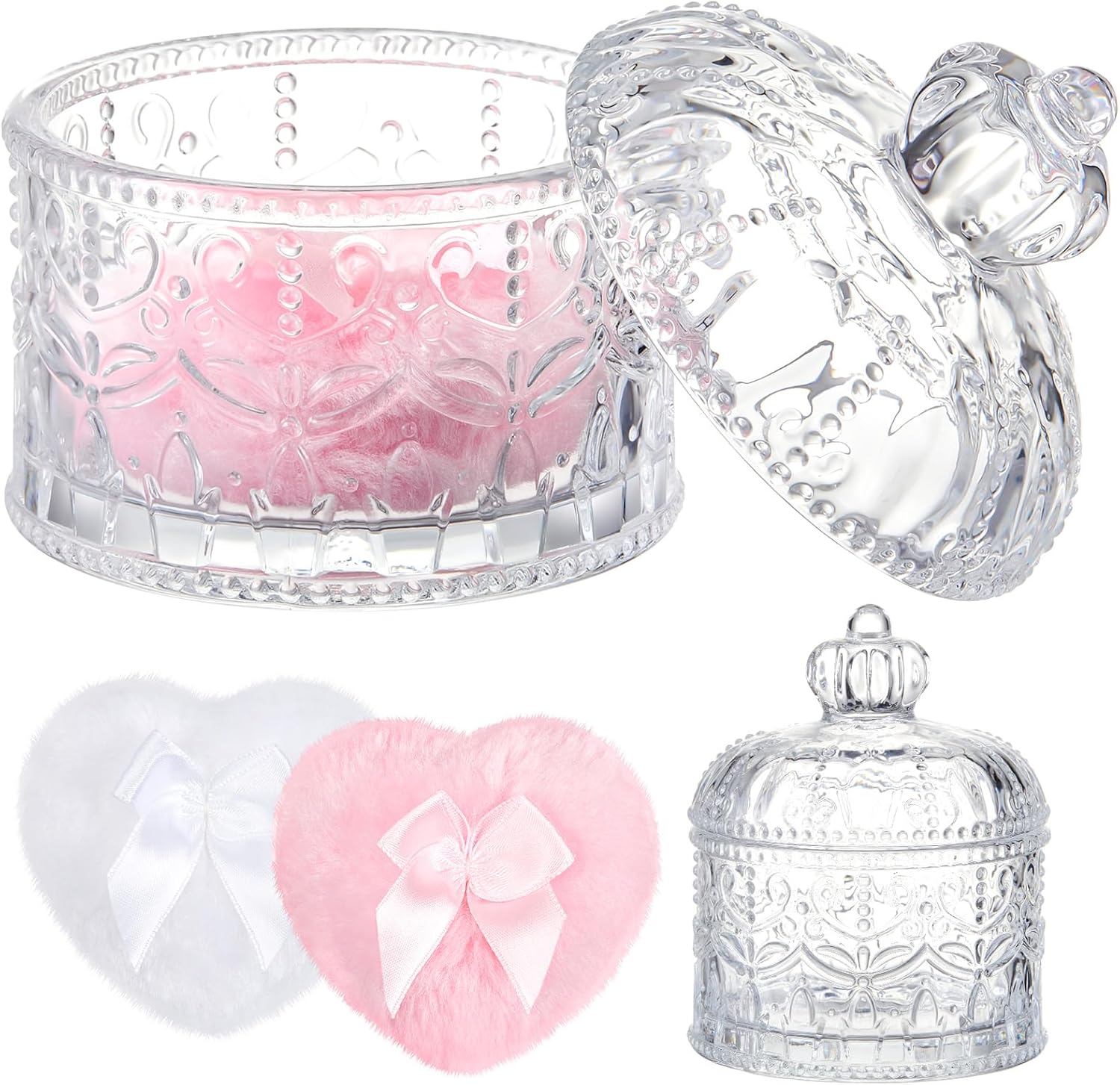 Tioncy 3 Pcs Large Body Powder Puff and Container Valentine's Day gift Powder Container with Puff Crystal Case Soft Washable Reusable Velour Face Body Glitter Wet Dry Makeup(Crown,Clear)