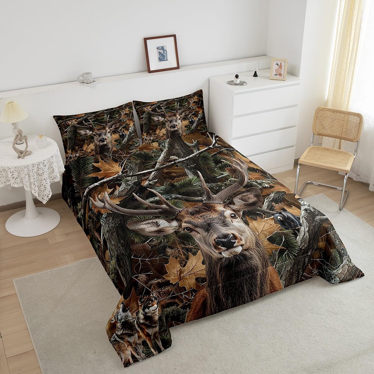 Erosebridal Deer Comforter Set Full Size Hunting Bedding Set for Kids Boys Girls Cabin Farmhouse Woodland Animal Comforter Camo Bedroom Decor Warm Rustic Leaves Antlers Wolf Bear Tree Duvet Quilt