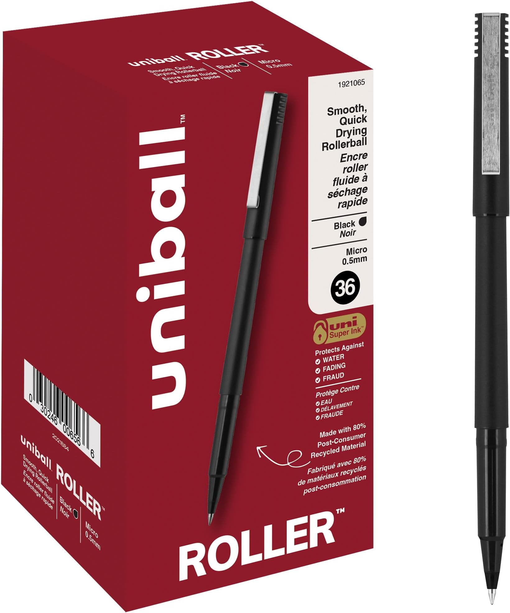 uniball Roller Rollerball Pens, Micro Point (0.5mm), Black, 36 Pack