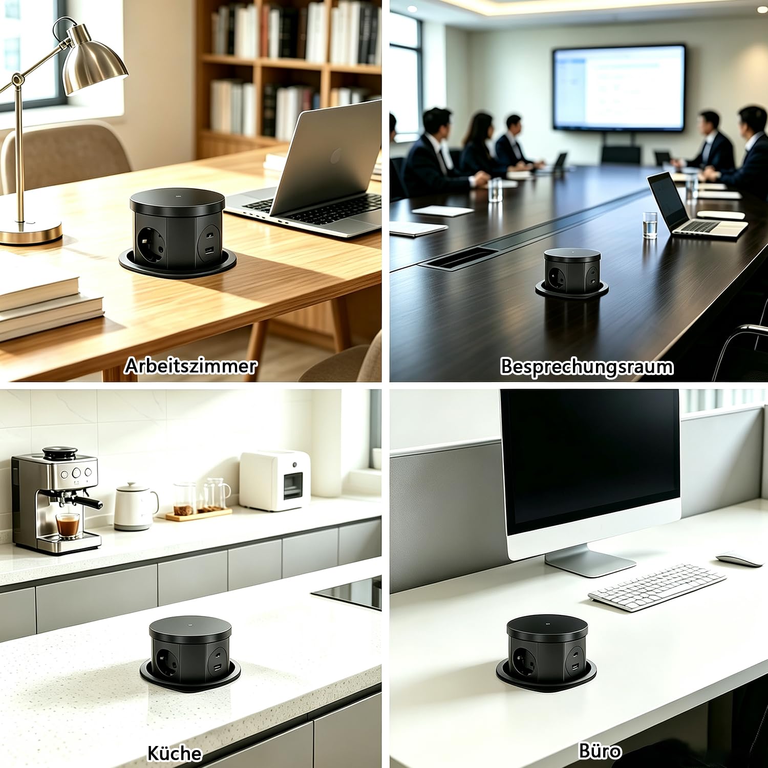 Versenkbare Steckdose, 2500W EU Versenkte Steckdose 3 Fach mit 15W Kabellosem Ladegerät & USB C & USB A & 1,5M Netzkabel, Tischsteckdose für Büro, Arbeitsplatte, Zuhause, Küche(Schwarz)