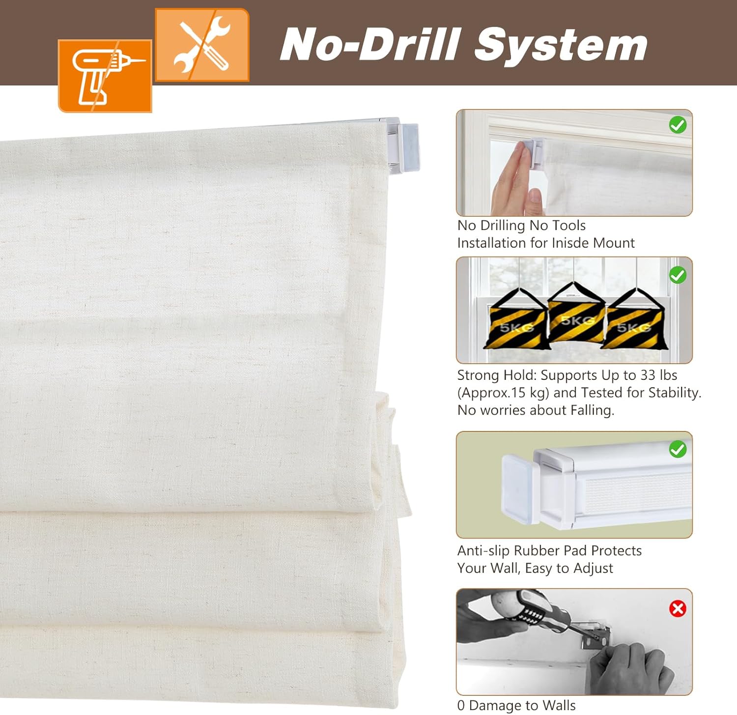 No Drill Cordless Roman Shades for Indoor Windows, Custom Blackout Thermal Linen Roman Blinds, No Tools Washable Window Shades for Bedroom, Living Room, Kitchen, Bathroom, Office, Ivory Linen