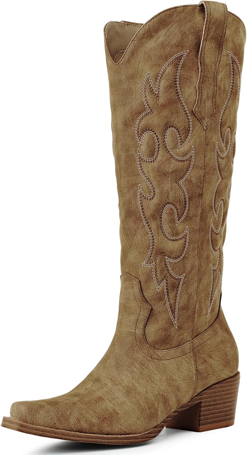 Cowboy Boots for Women Knee High – Western Cowgirl Boots with Snip Toe, Side Zipper, Padded Embroidery, Chunky Heel, Womens Cowboy Boots for Festival, Daily Wear & Rodeo