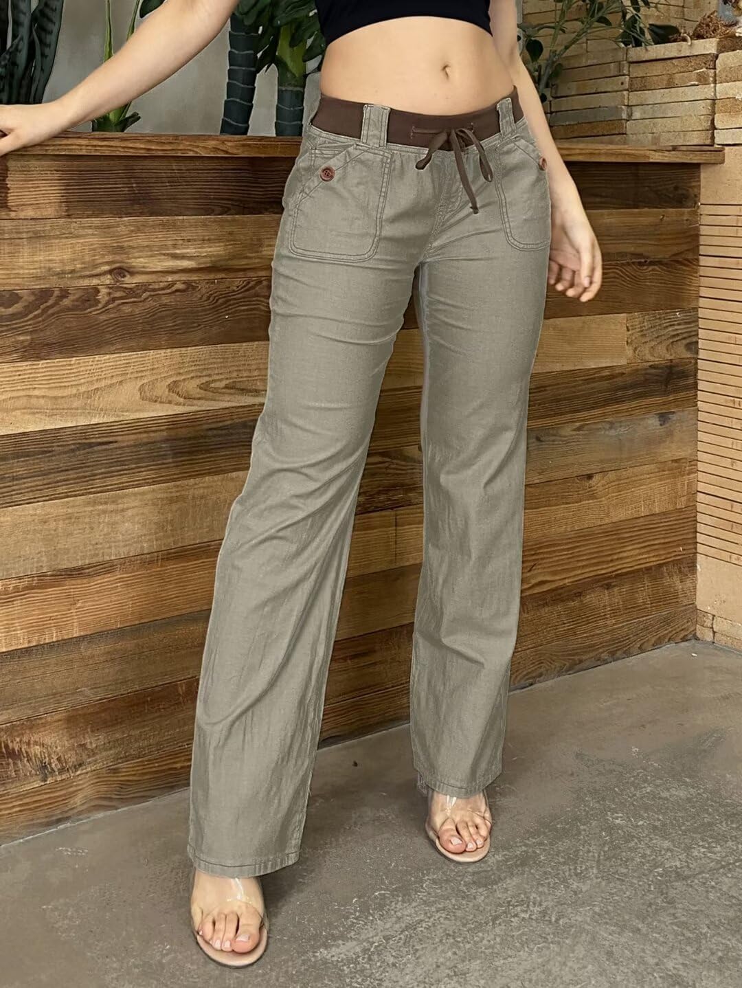 Flamingals Low Rise Cargo Wide Leg Pants for Women Drawstring Flap Pockets Y2K Bow Tie Casual Flare Pants - Image 2