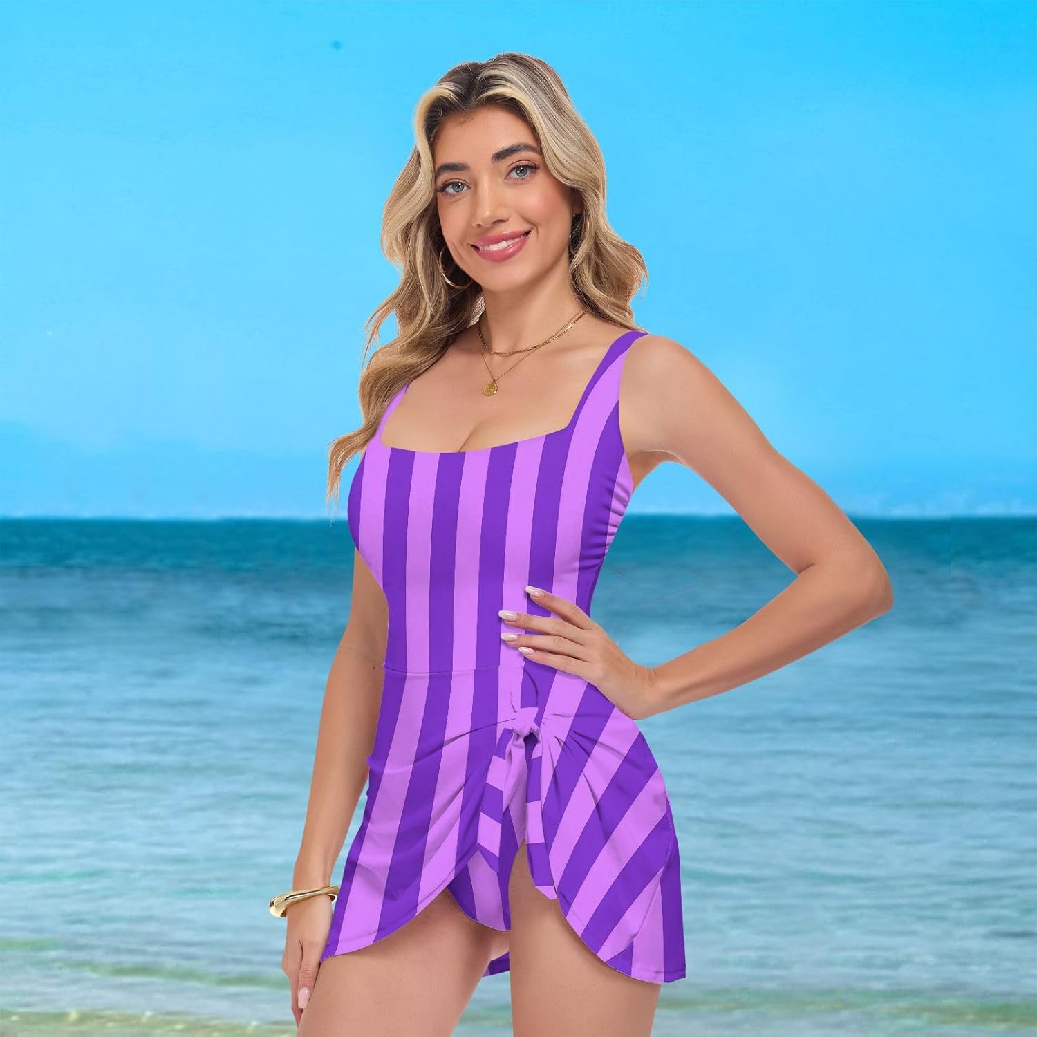 Purple Stripe Women's One Piece Swimsuits Tummy Control Bathing Suits S A2300888