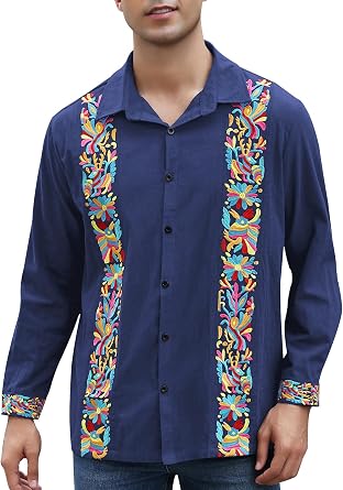 Mexican Shirts for Men Guayabera Cinco De Mayo Fiesta Traditional Embroidered Collared Button Up Long Sleeve