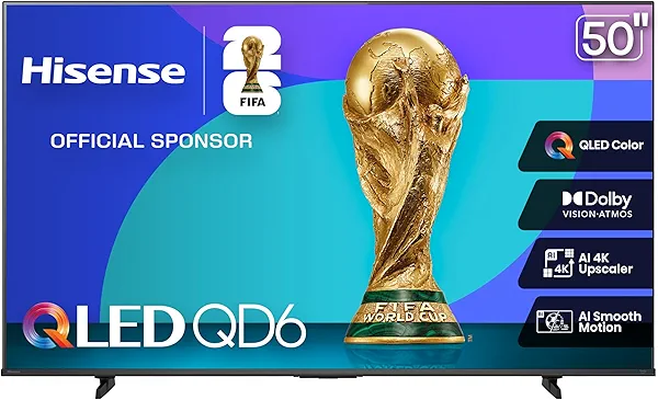 Hisense 50" Class QD6 Series (50QD6QF, 2025 Model) QLED 4K UHD Smart Fire TV, Voice Remote with Alexa, Dolby Vision, Dolby Atmos, Motion Rate 120, HDR 10+, Game Mode Plus, MEMC, VRR, ALLM