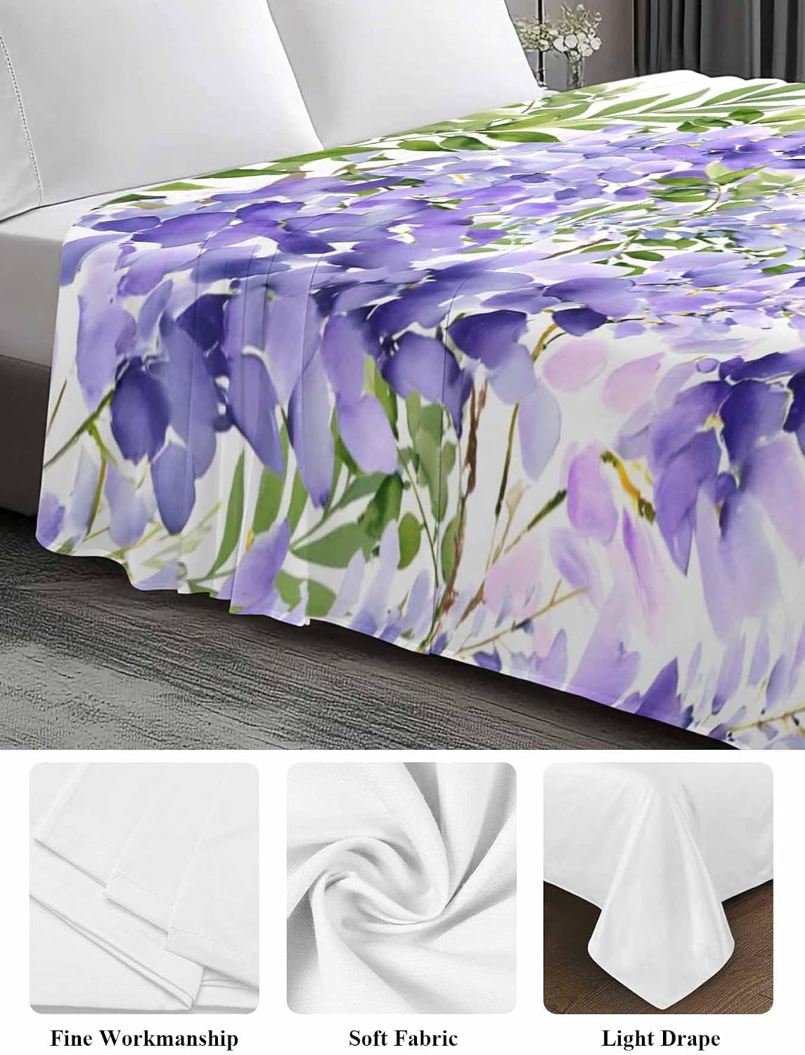 Top Sheet Full Bedding Flat Sheet Only, Farm Purple Vineflowers Microfiber Bed Sheets Soft Breathable Bedding Flat Sheets, Country Floral Art Hotel Luxury Top Sheets