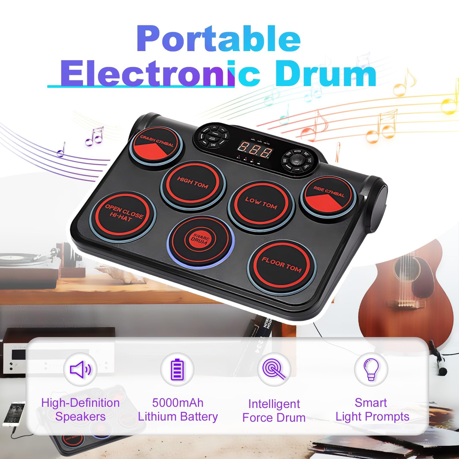 Batteria Digitale Portatile 7 Pad, Kit Batteria Bambini Principianti, Altoparlanti Integrati, Interfaccia MP3, Modalità Cuffie, Batteria Musicale