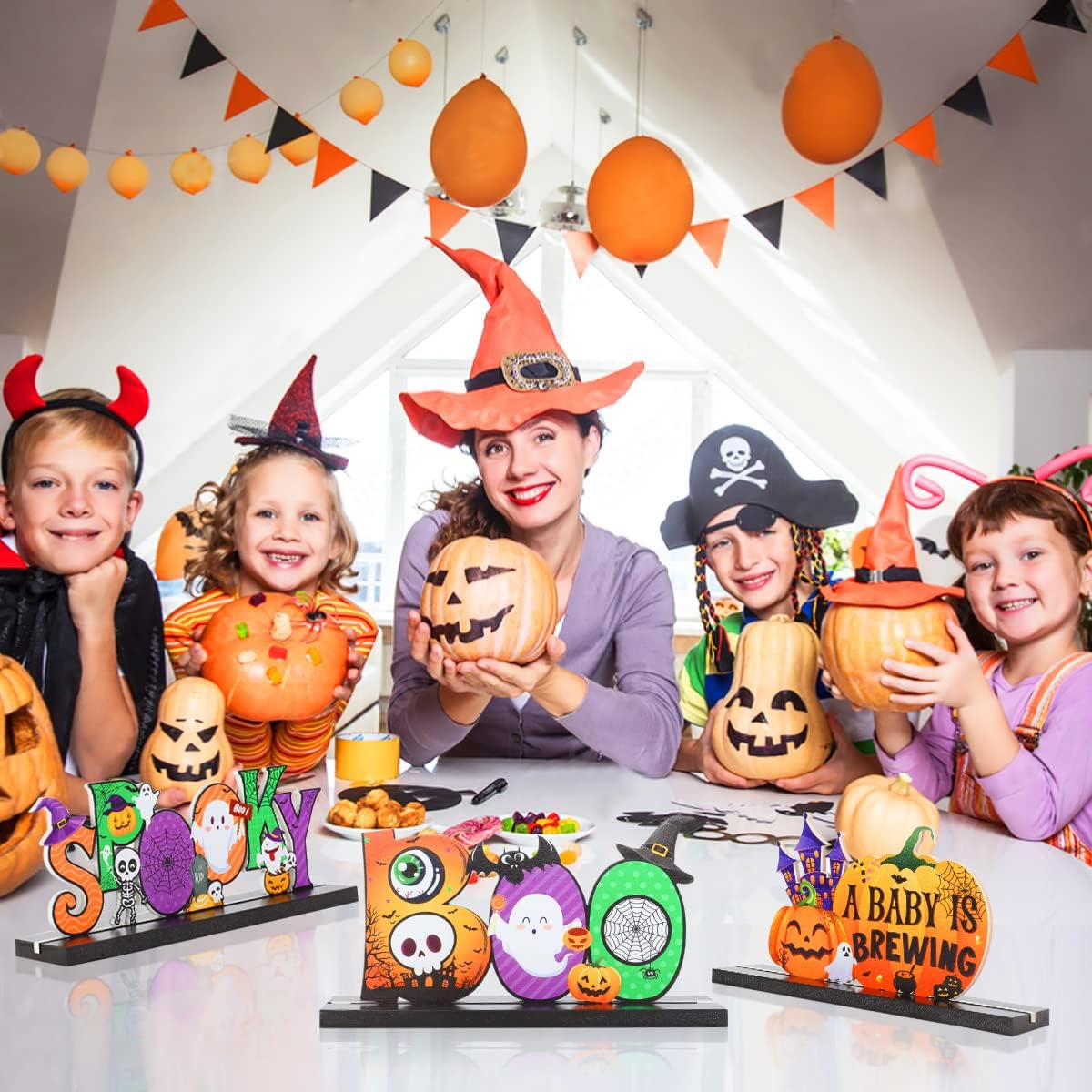 3 Pcs Halloween Baby Shower Table Centerpieces, A Baby Is Brewing Table Toppers, Spooky Boo Wooden Signs for Halloween Gender Reveal Party Decoration