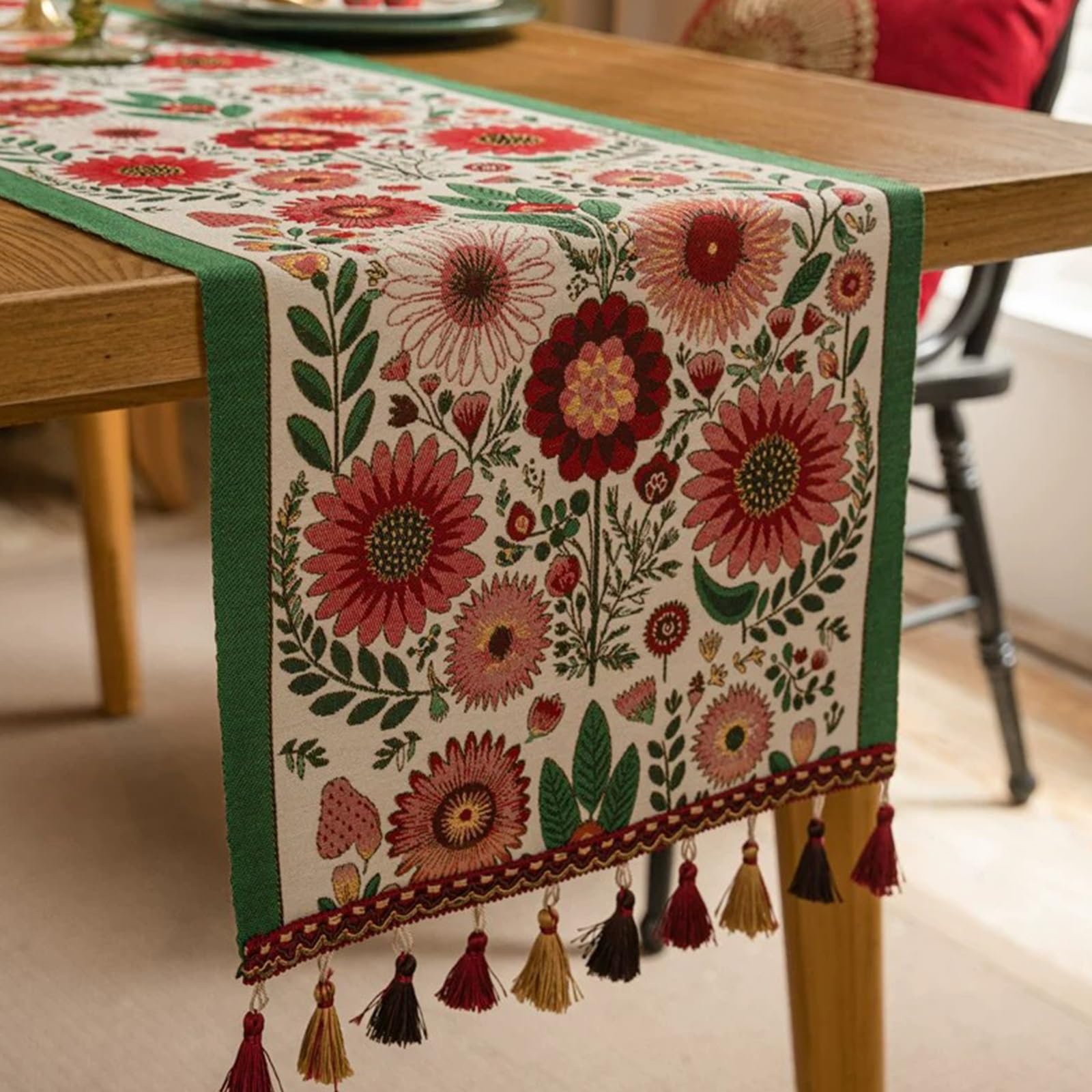 Floral Table Runner,American Vintage-style Table Runner,Featuring Multi-colored Tassels,Suitable for Dining Tables, Weddings, Holiday Parties(Red,L140cm/55.1in)