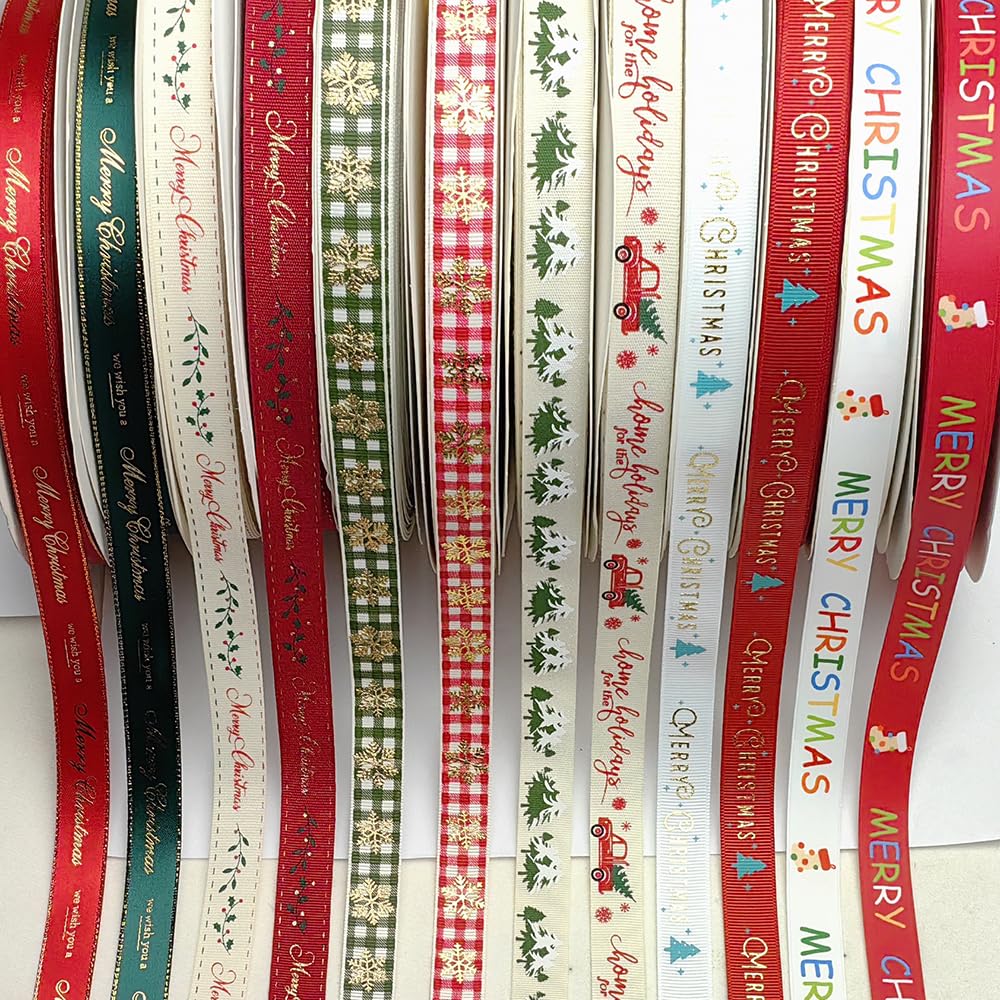 Nastro Grosgrain Natalizio Scritta Merry Christmas – 10 Mm X 20 M, Colori Assortiti, Per Confezioni Regalo E Crafting