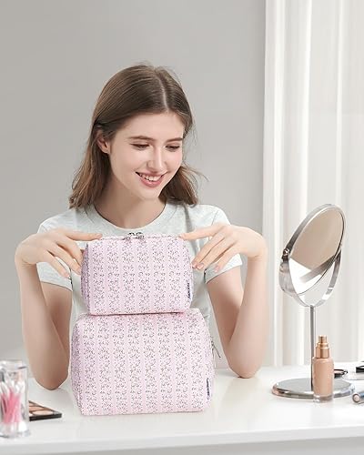 Miniatura 6 de Narwey Bonita bolsa de maquillaje floral de viaje, bolsa organizadora de cosméticos, bolsa de aseo con compartimentos para mujeres y niñas (botones