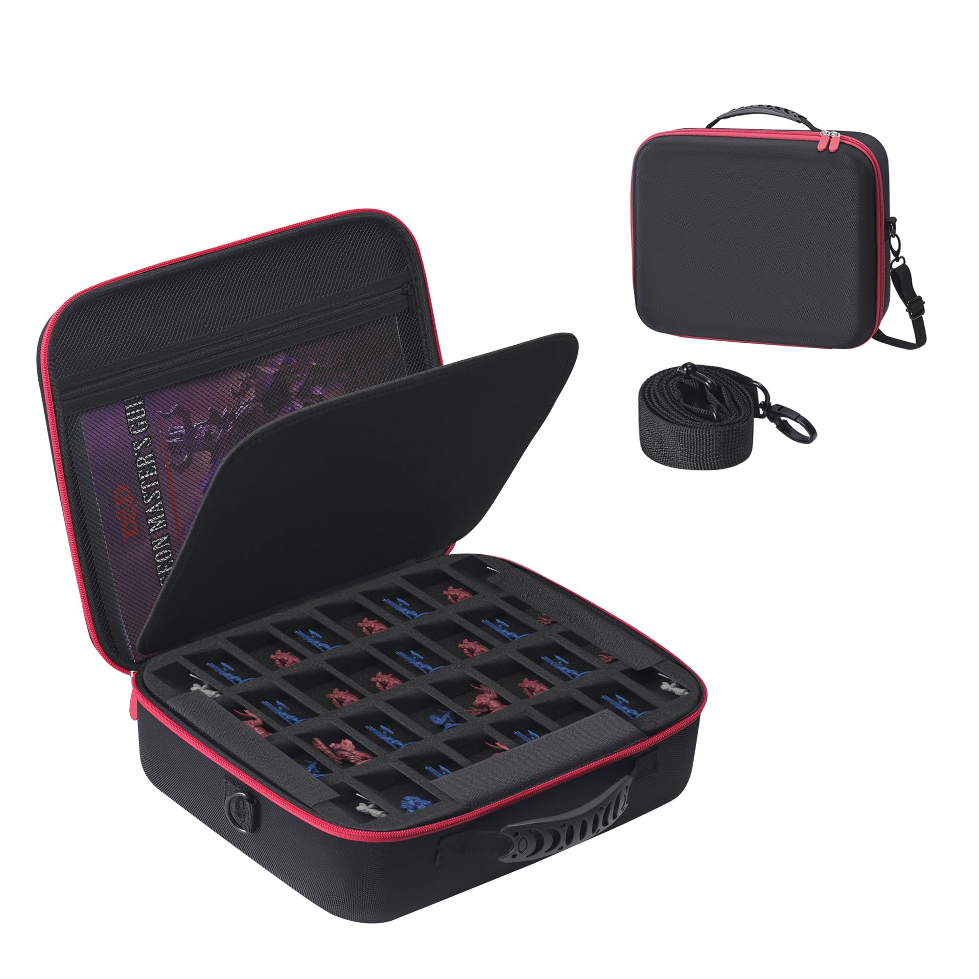 Estuche de transporte en miniatura con 64 ranuras con bandejas de espuma de doble capa que absorben los impactos para Warhammer 40k, DND y más, funda con correa de hombro ajustable y bolsillo con