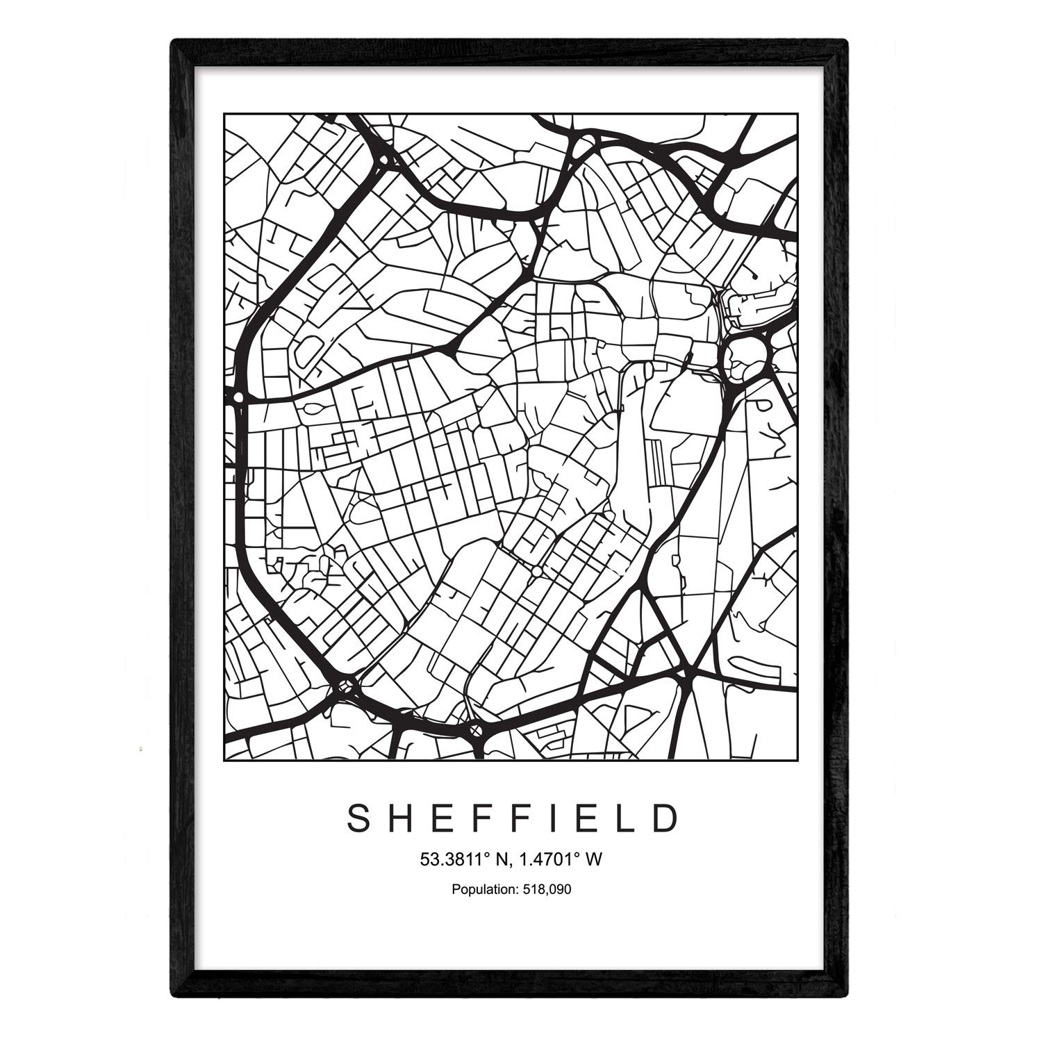 NACRIC Map of the city Sheffield SHEFFIELD Nordic style in black and white. Poster A4 Framed with black frame Printed paper 250 gr. Pictures, sheets and posters for Salon and Bedroom