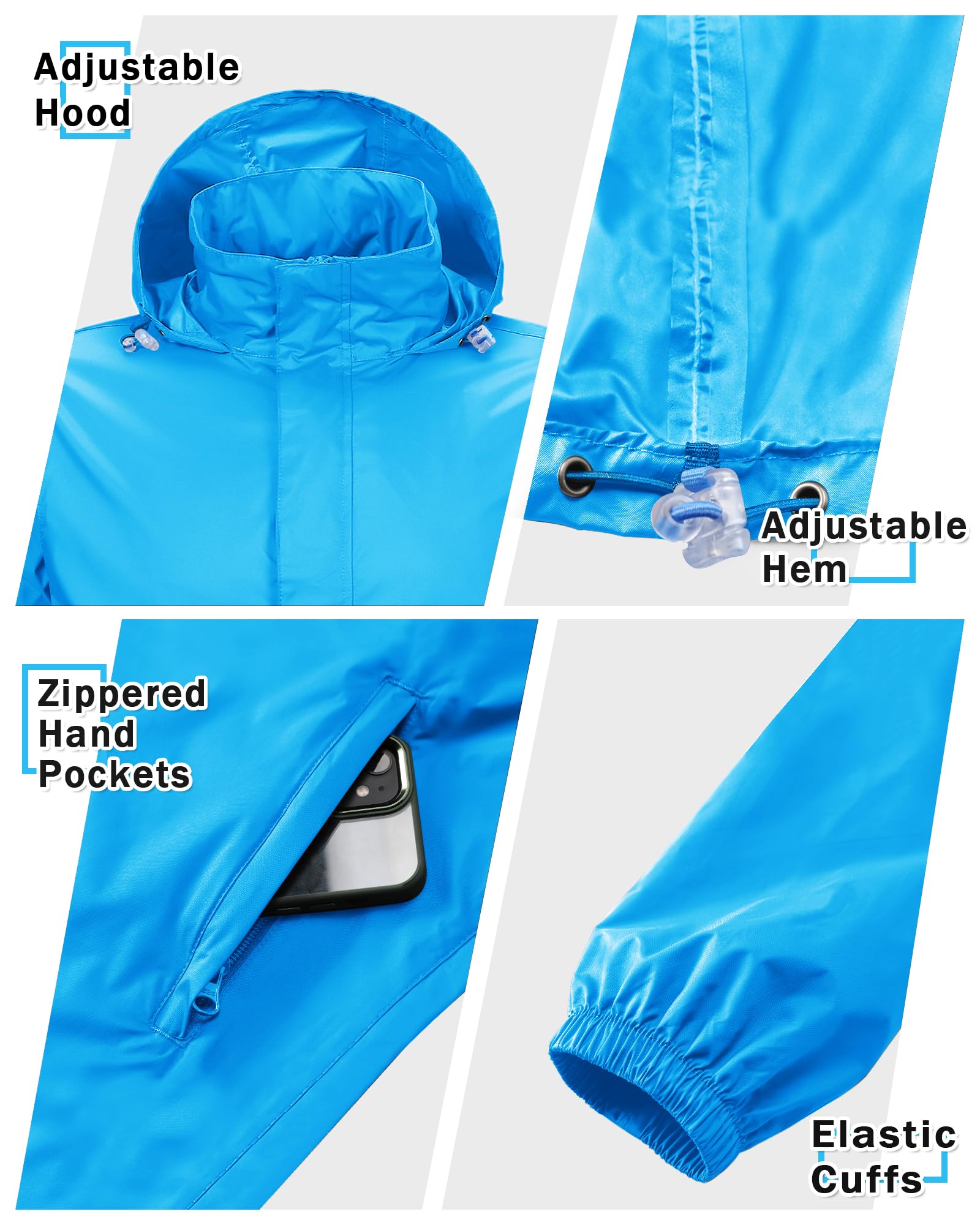 33,000ft Herren Regenjacke Leichter Wasserdichter Packbarer Pullover mit Kapuze und Reflektor für Fahrrad Wandern Outdoor