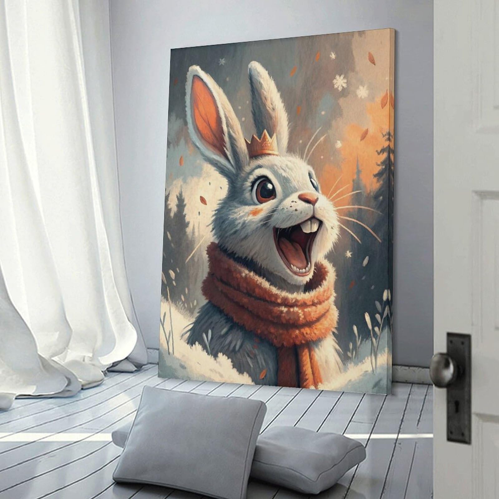 Junmoney Winter Rabbit King Wall Picture Print 20x30inch(50x75cm), for Bedroom Decor, Cosy Corners Or Studios, Home Artwork with A Soft Interior Feel