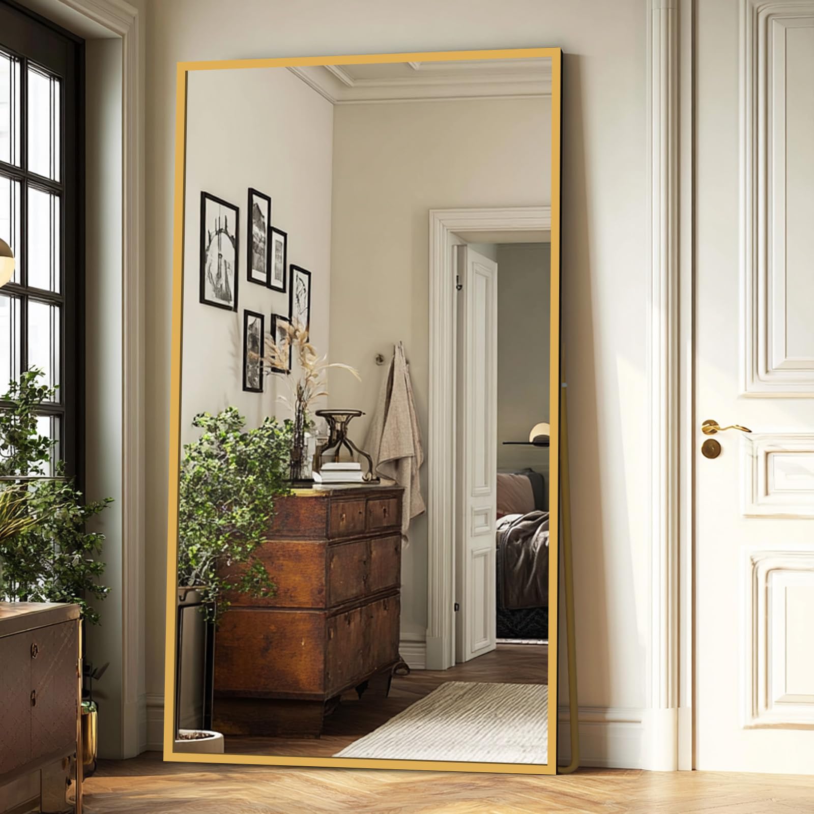 Beauty4U Full Length Mirror 200x100cm Free Standing, Hanging or Leaning, Large Floor Mirror with Gold Aluminum Alloy Frame for Living Room or Bedroom