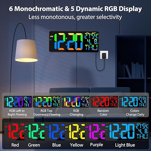 Miniatura 2 de De gran tamaño Reloj de pared digital de 18 pulgadas, pantalla grande, 11 RGB que cambia de color, reloj de pared digital grande con control remoto,