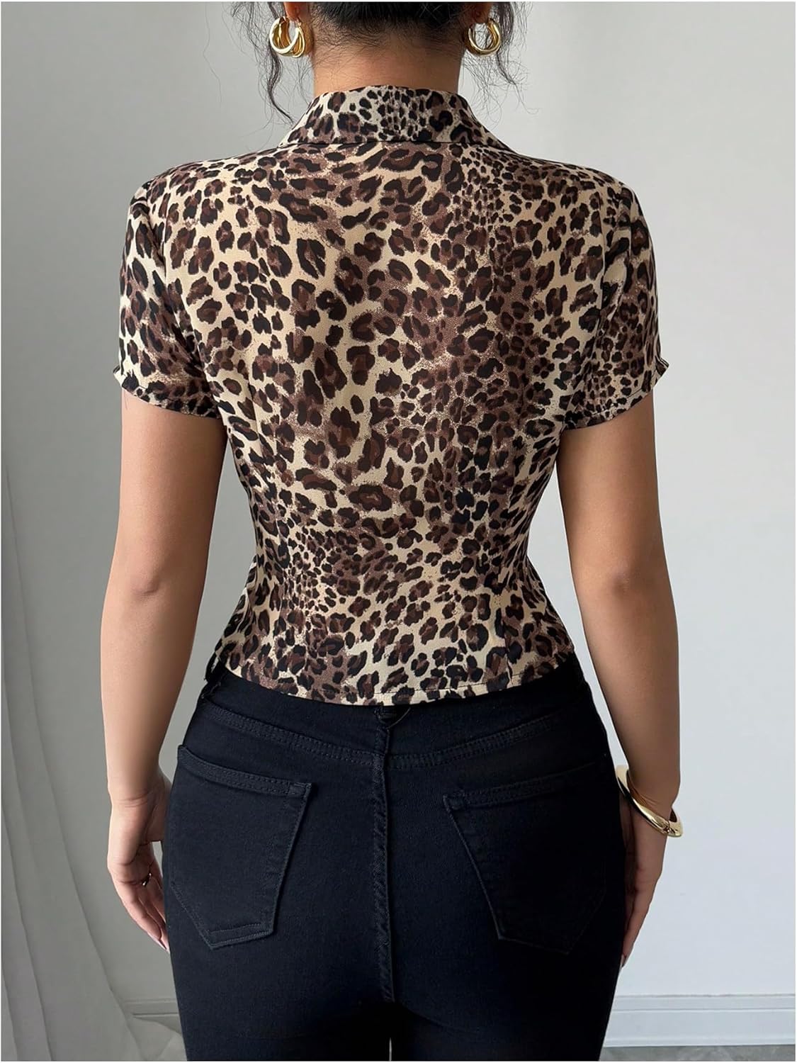 SweatyRocks Women's Leopard Print Button Down Blouse Short Sleeve Collared Slim Fit Shirts - Image 2