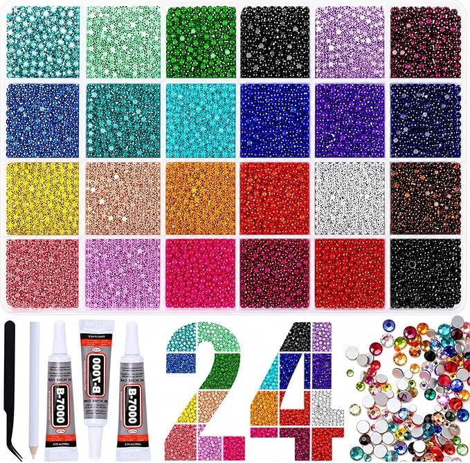 kholad 24000pcs resin jelly rhinestones for bedazzling kit, 24 colors multicolor 3mm resin ab flatback gems with 3 x 10ml b7000 glue, tweezers, pickup pen, sorting tray & sharpener for diamond art, nail art and diy crafts