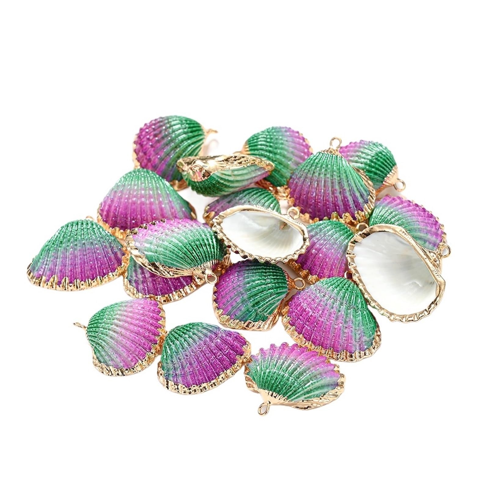 Gold Plated Threaded Seashells Striated Colorful Shell For Jewelry Pendant Making Earring Charms Accessories(Color-09,6pcs)