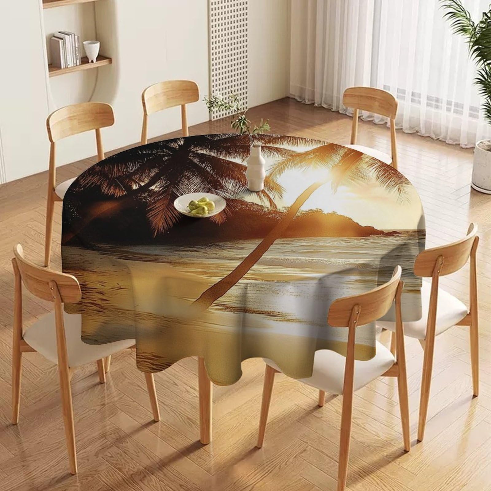 ORDOBO Round Table Cover -Sunset Beach Print Home Table Cover For Dinner Kitchen Holiday Outdoors Protect Table Waterproof Dust-Proof Decoration 91X91Cm