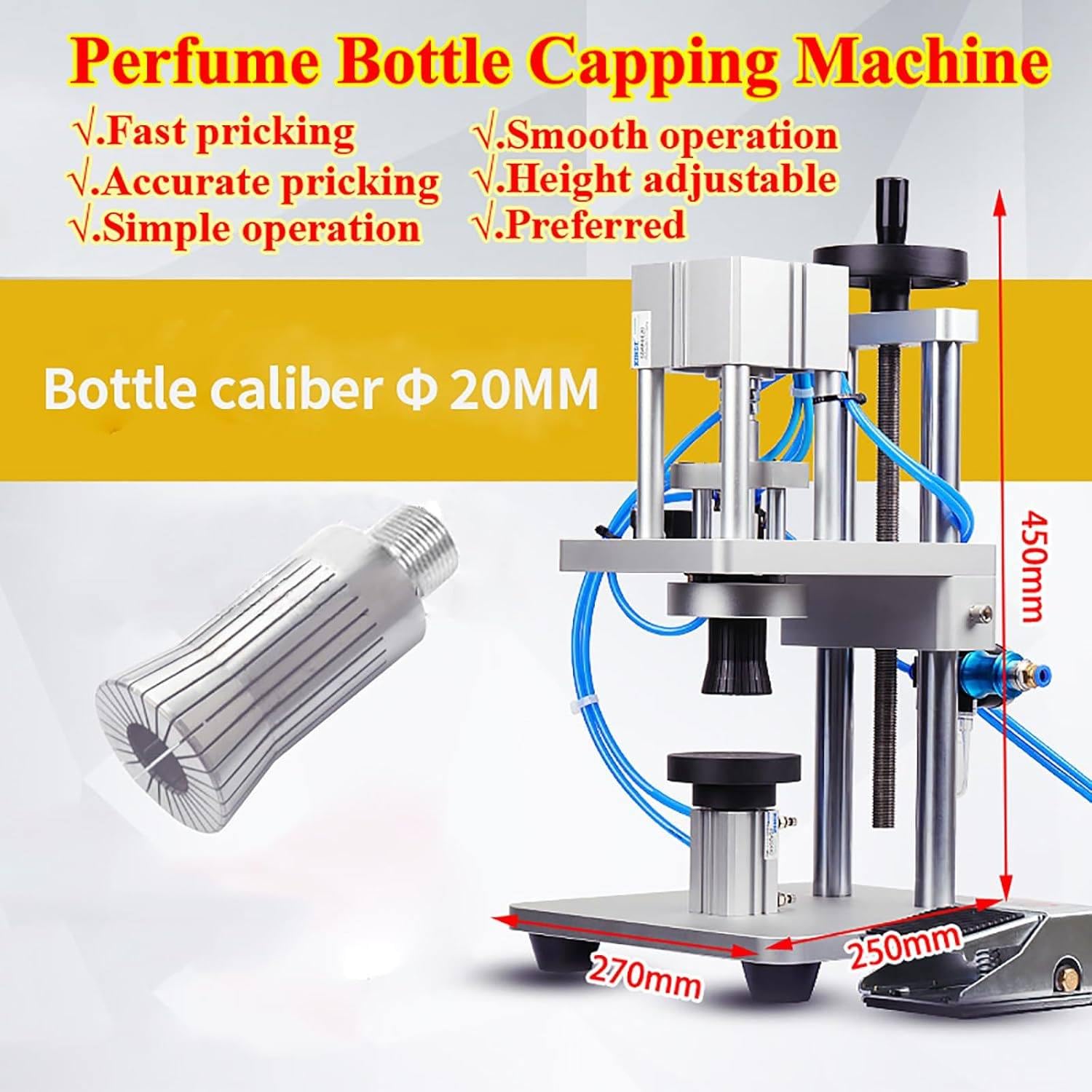 Máquina prensadora neumática de viales, sellado semiautomático con interruptor de pie, altura ajustable, alta eficiencia para sellado de aluminio y plástico (20 mm)