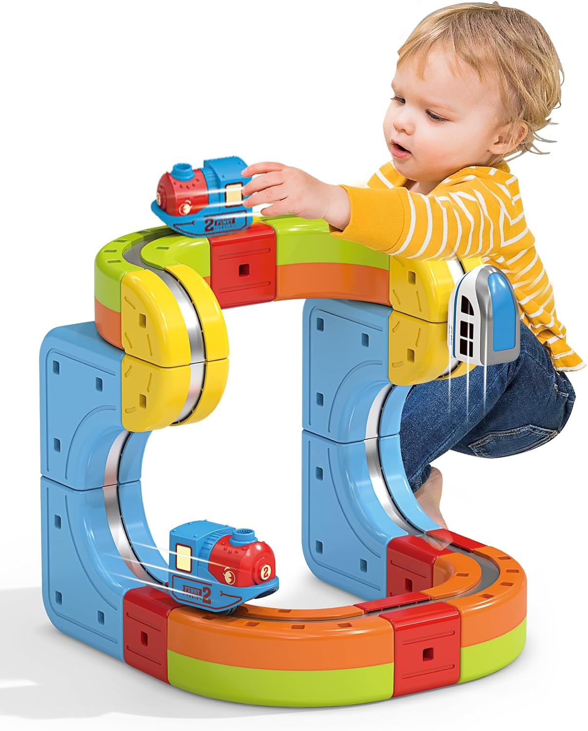 Electric Train Set for Kids with 2 Trains, Infinity Racer 3D Train, DIY Railway Block- Cube Track Train Toys, STEM Gravity-Defying Magnetic Train Track for Boys Girls 4 5 6 7 8+ (Medium)