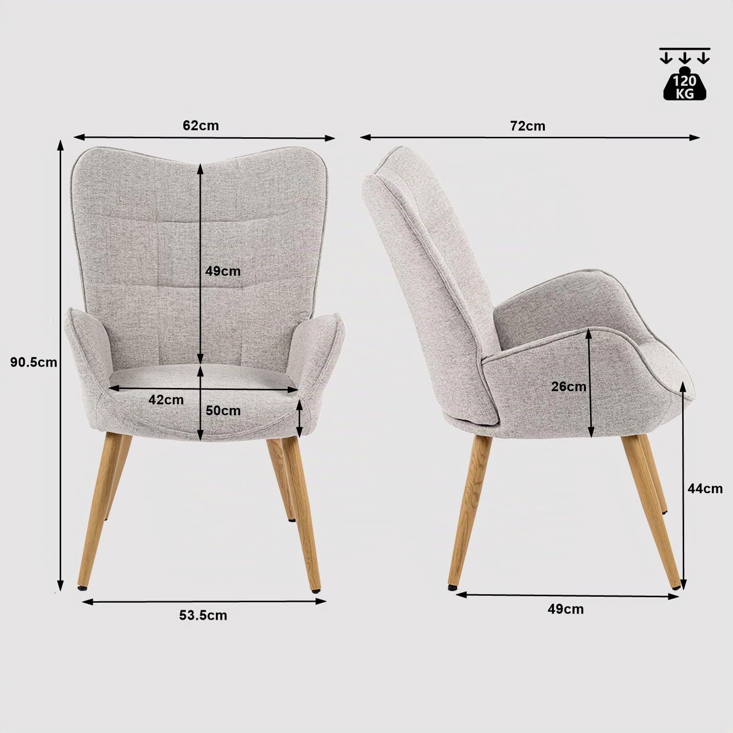 MEUBLE Cosy Sillón Nórdica Butaca de Salón para Dormitorio Silla Escandinavo con Respaldo y Reposabrazos Patas de Madera en Tela Gris