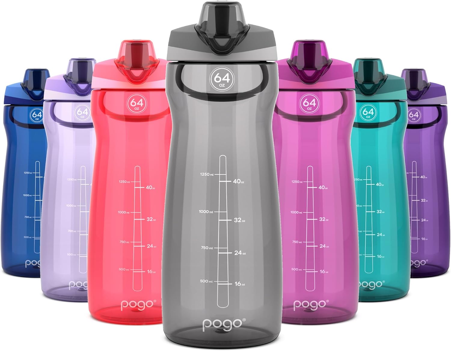 Pogo 64oz Plastic Water Bottle with Leak-Proof Chug Lid and Carry Handle, Reusable, BPA Free, Capacity Markings, Dishwasher Safe, Perfect for Travel, School, Outdoors, and Gym, Grey