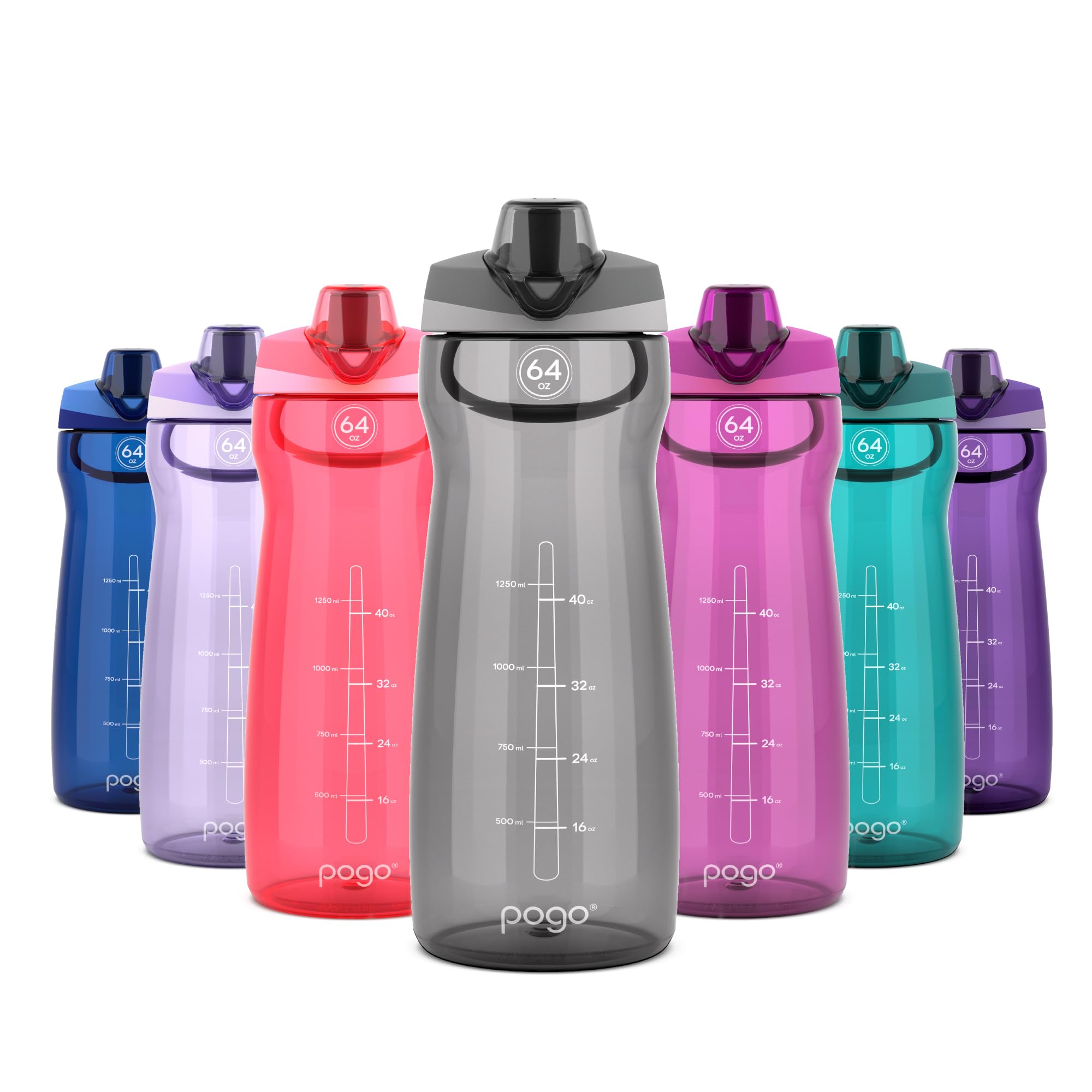 Pogo 64oz Plastic Water Bottle with Leak-Proof Chug Lid and Carry Handle, Reusable, BPA Free, Capacity Markings, Dishwasher Safe, Perfect for Travel,