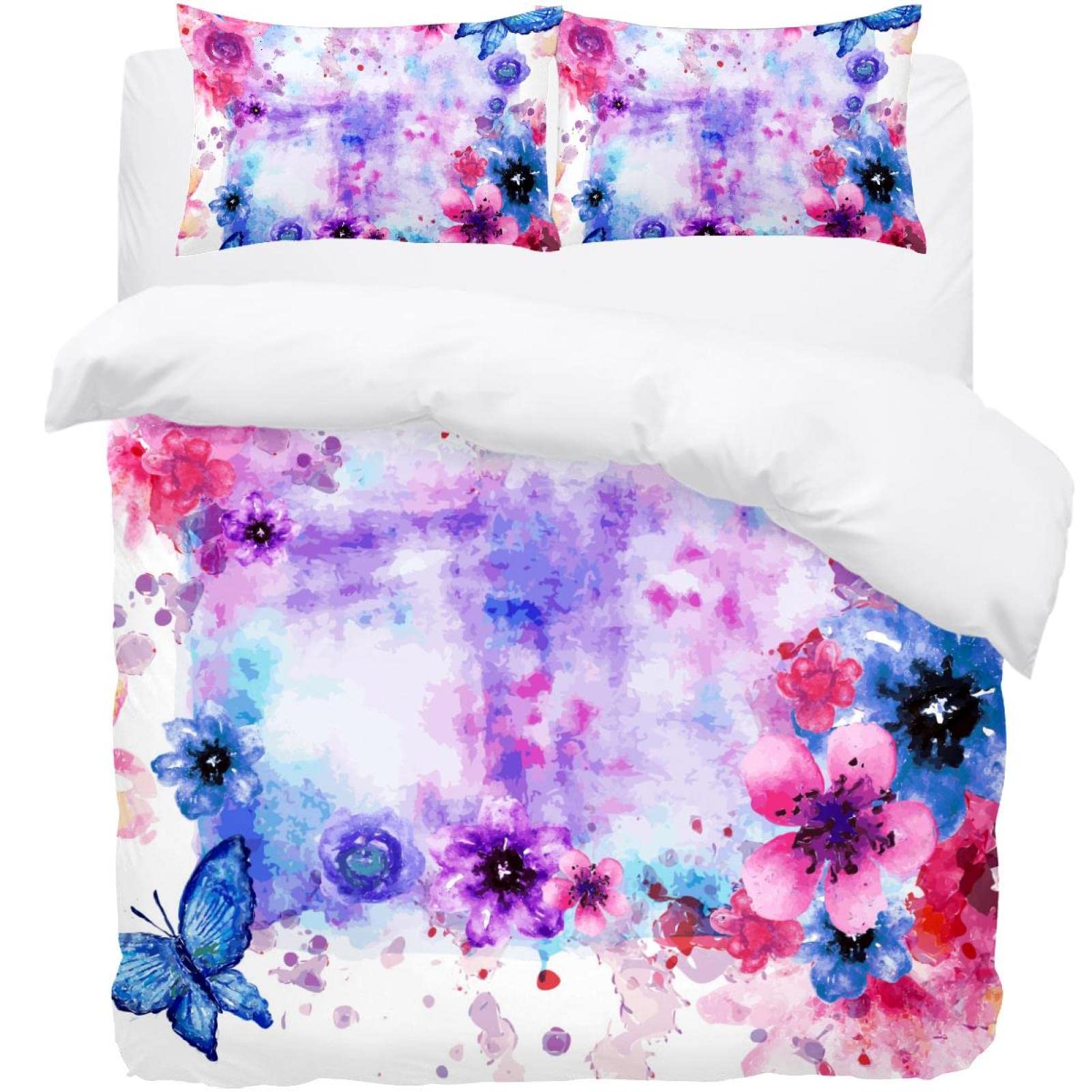 Housse de couette papillons douce parure de lit 2 personnes avec taies d'oreiller
