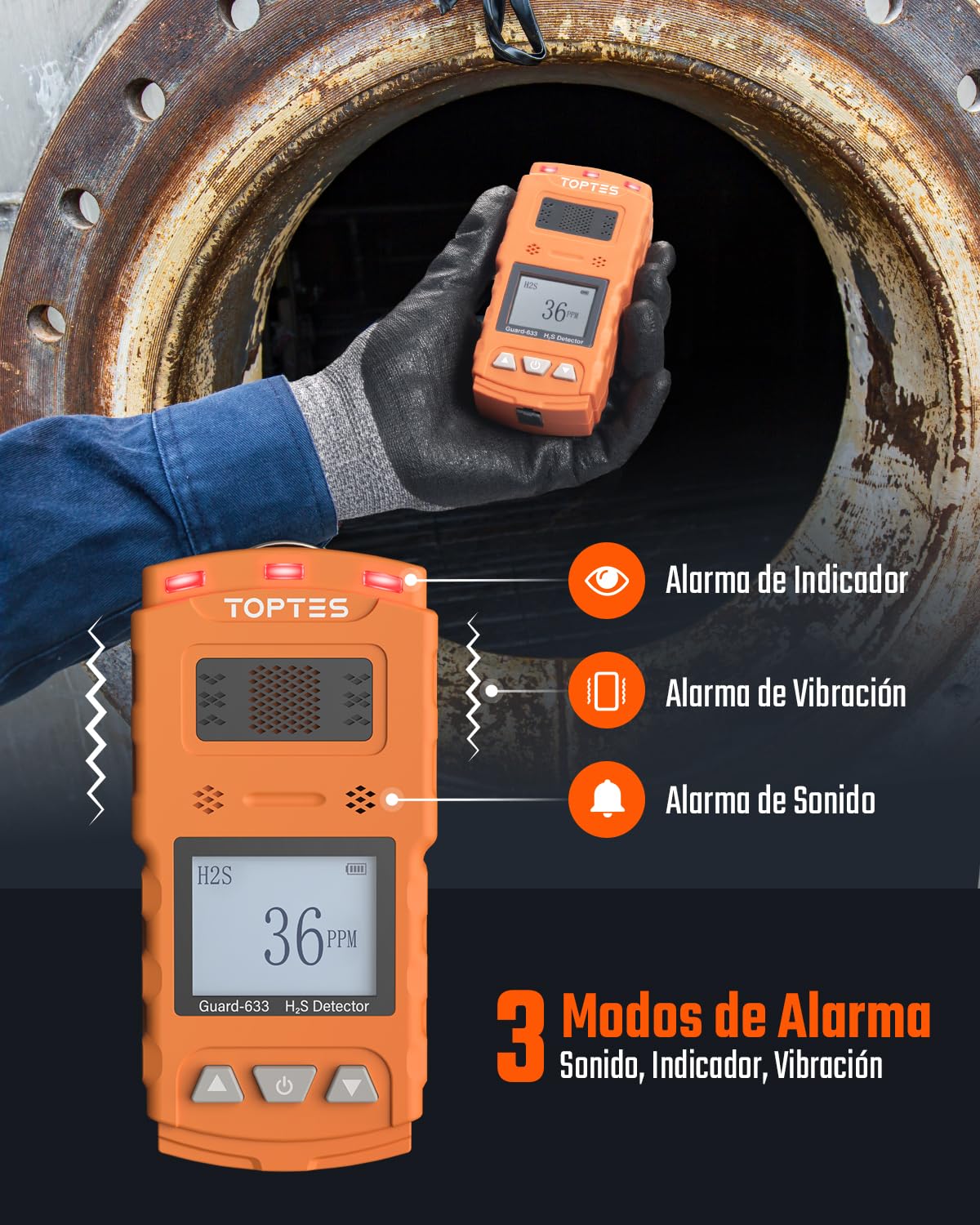 TOPTES Guard-633 Detector de H2S, Monitor de H2S con Sensor de Gas Preciso, Respuesta Rápida de 0.5S, 7 Días de Duración de Batería, Rango de Alarma Ajustable, Seguridad a Prueba de Explosiones