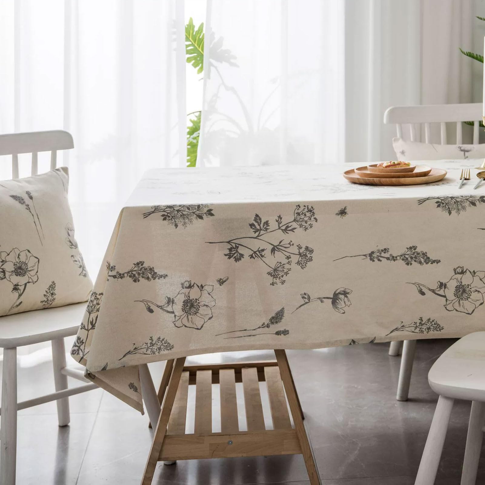 Mantel de Lino de Algodón, Mantel Rectangular con Estampado Floral Estilo Boceto, Manteles Antimanchas Beige, Manteles de Mesa Modernos de Tela para Mesa de Cocina (B 140x300cm)