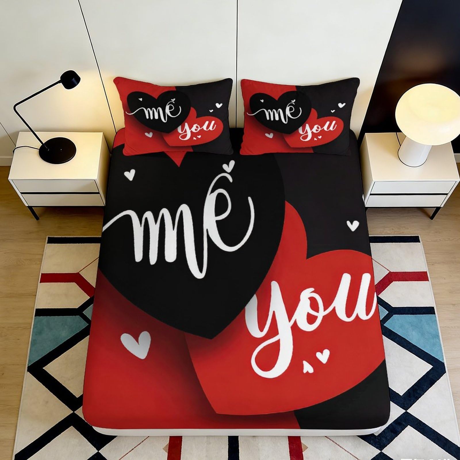 Jqzkxnhpbr Style-1 3D Printed Heart Love Fitted Sheet Microfiber Red Black Romantic Lettering Bed Cover For Bedroom Guest Room Decor 90X200x25cm