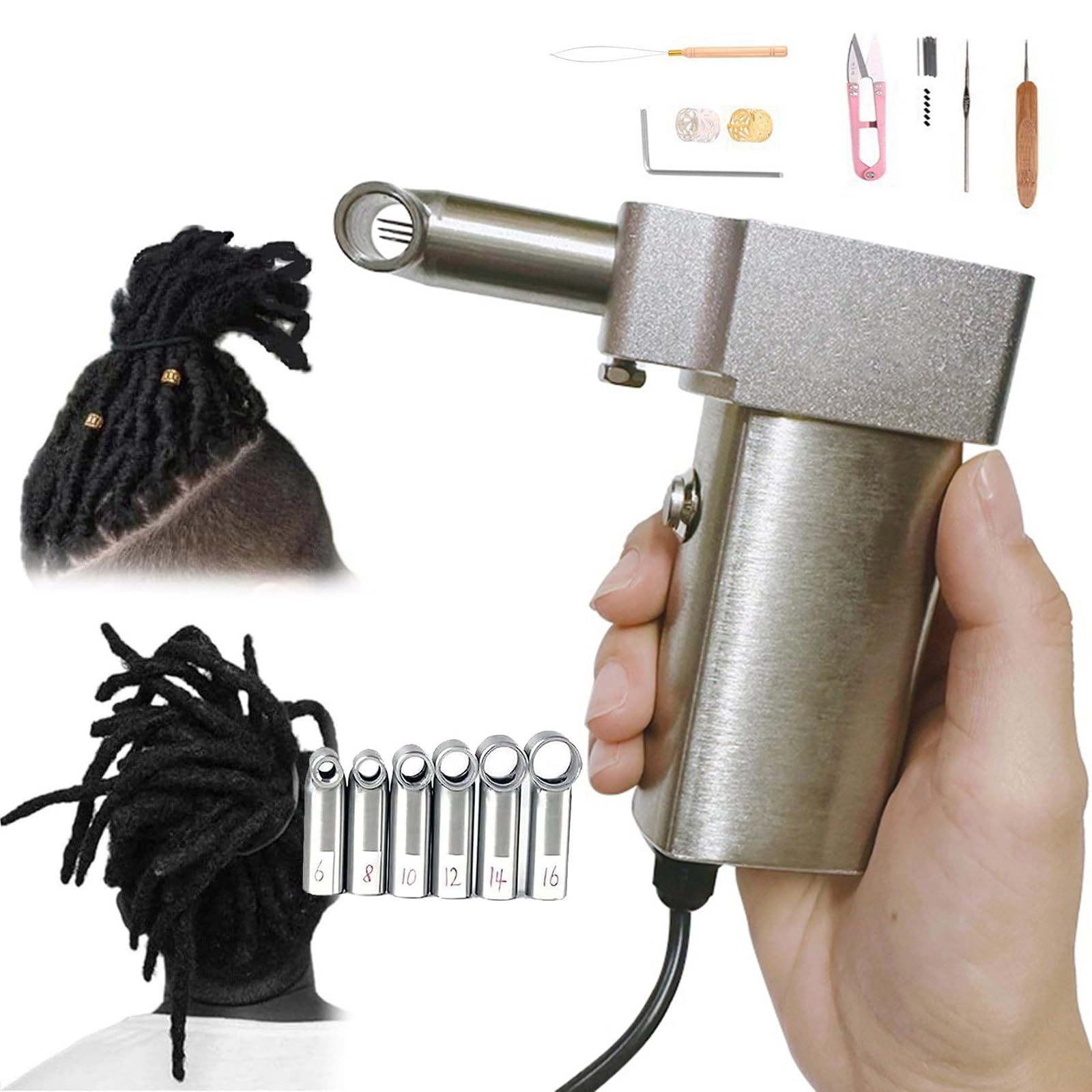 Máquina de rastas eléctrica portátil con 6 cabezales de 6-16 mm y herramienta de ganchillo manual