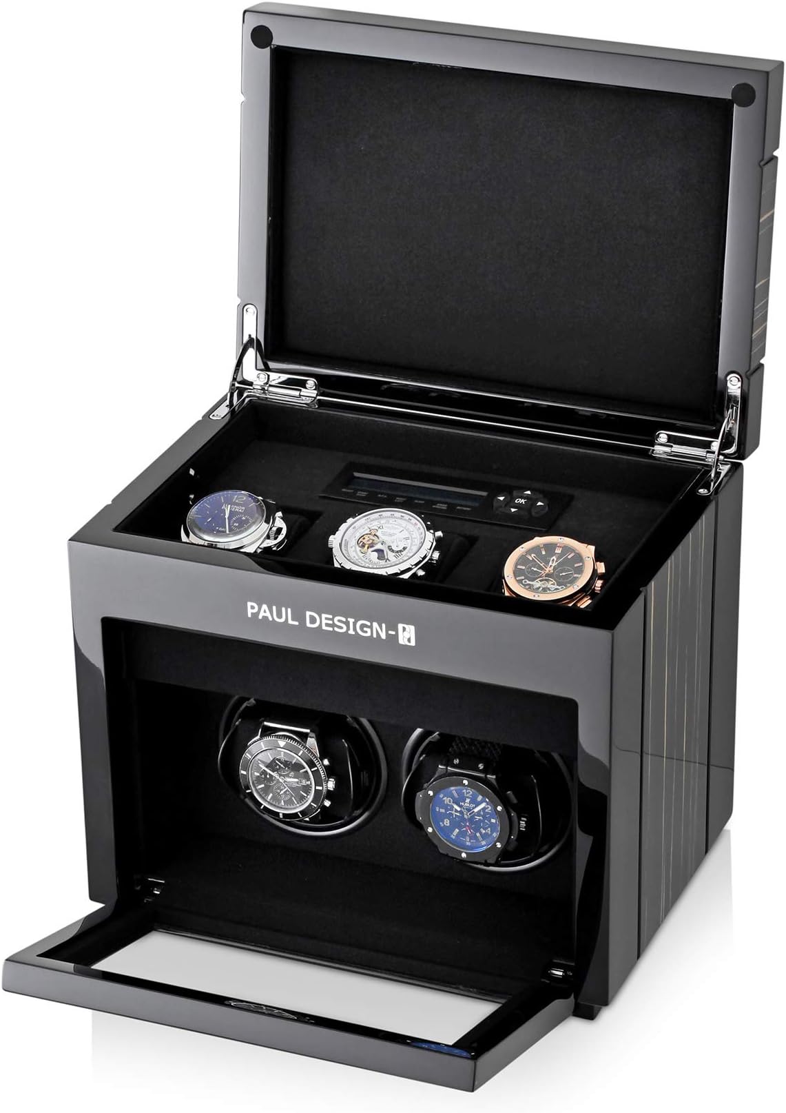 2+3 Watch Winder for 2 Automatic Watches with 3 Storage Slots, LED Backlight and LCD Display