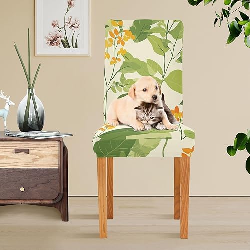 Miniatura 5 de Juego de 4 fundas decorativas para sillas de comedor con hojas verdes y flores amarillas para sala de estar para ceremonia, extraíbles para eventos,