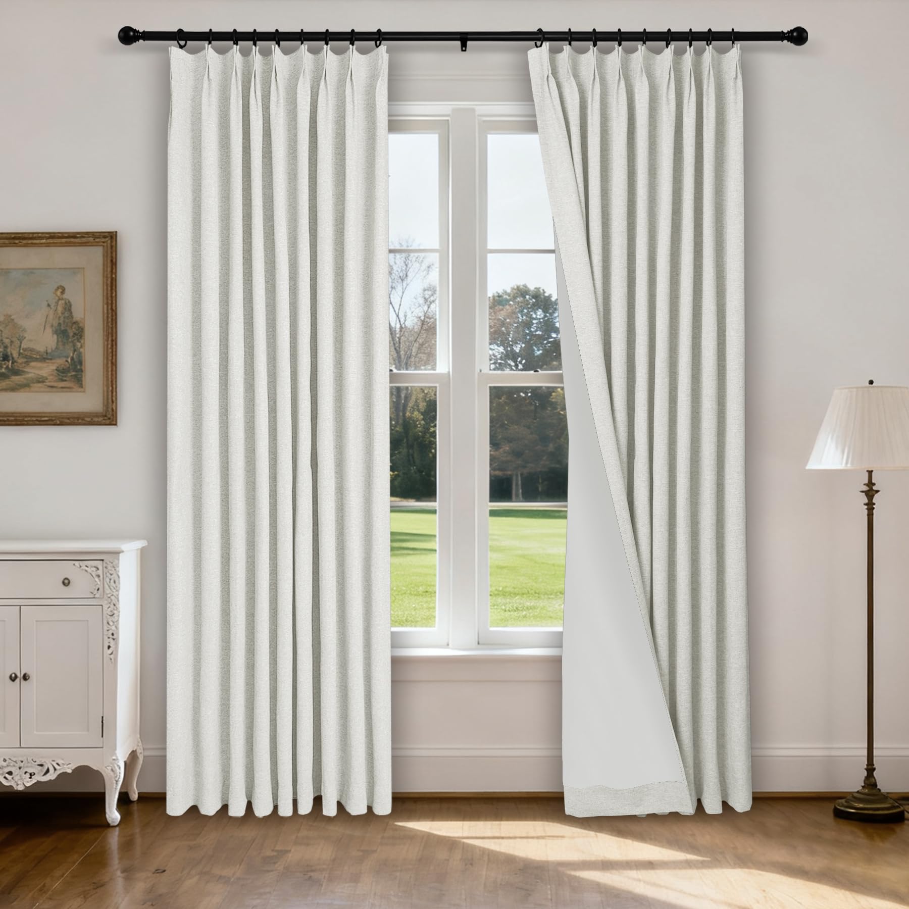 Cortinas plisadas 100% opacas de lino blanco grisáceo para barra transversal de 52x108 pulgadas
