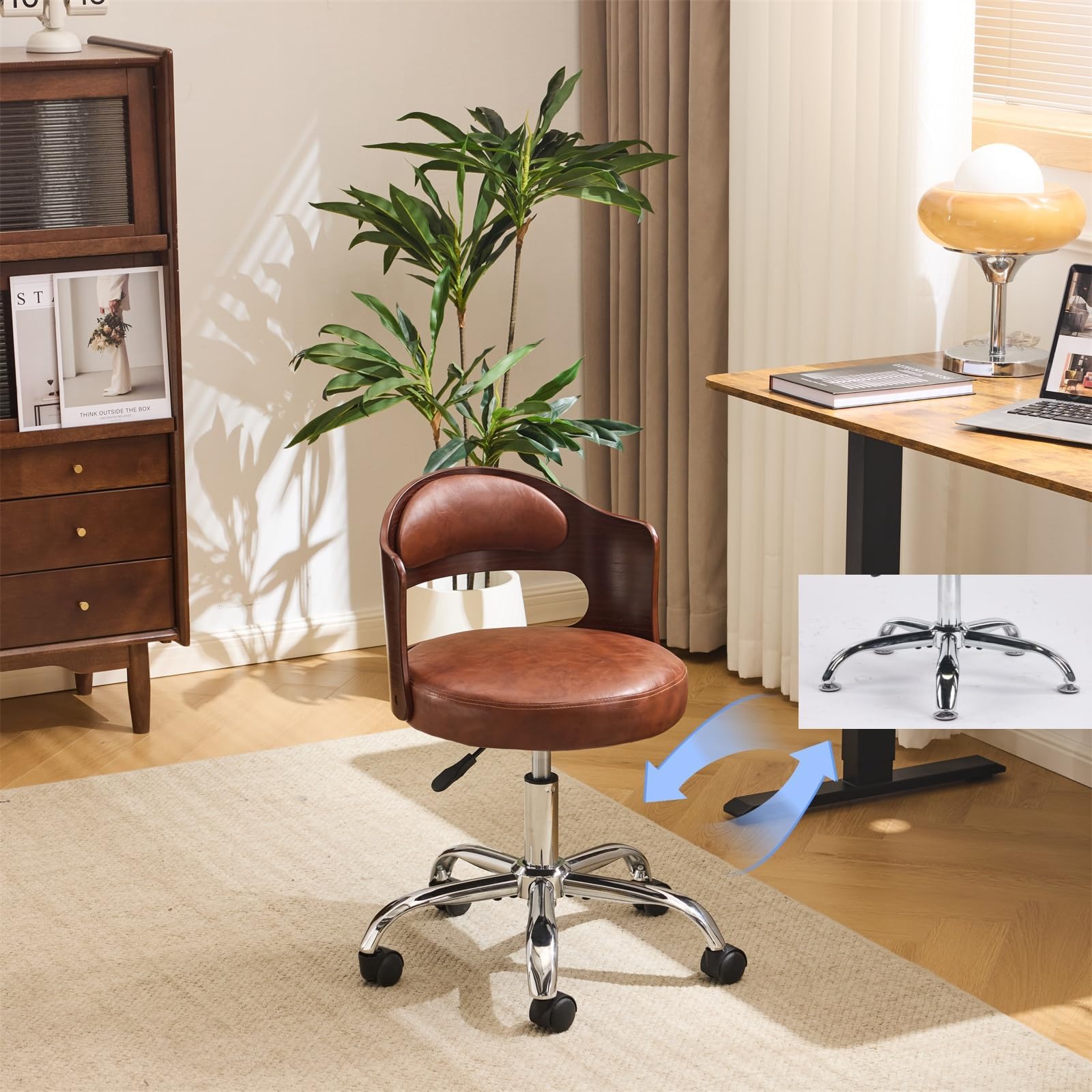 Bonnlo Elegant Comfy Vanity Chair with/no Wheels Small Office Desk Chair Mid Century Walnut Swivel Dressing Table Ch With Adjustable Height for Home Office, Bedroom, Dressing Room, PU (Brown)
