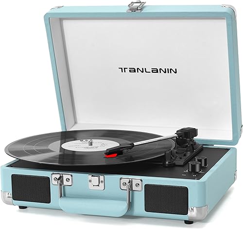 Tocadiscos de maleta Bluetooth con altavoces integrados, control de graves y agudos, tocadiscos de 3 velocidades con parada automática, salida RCA y